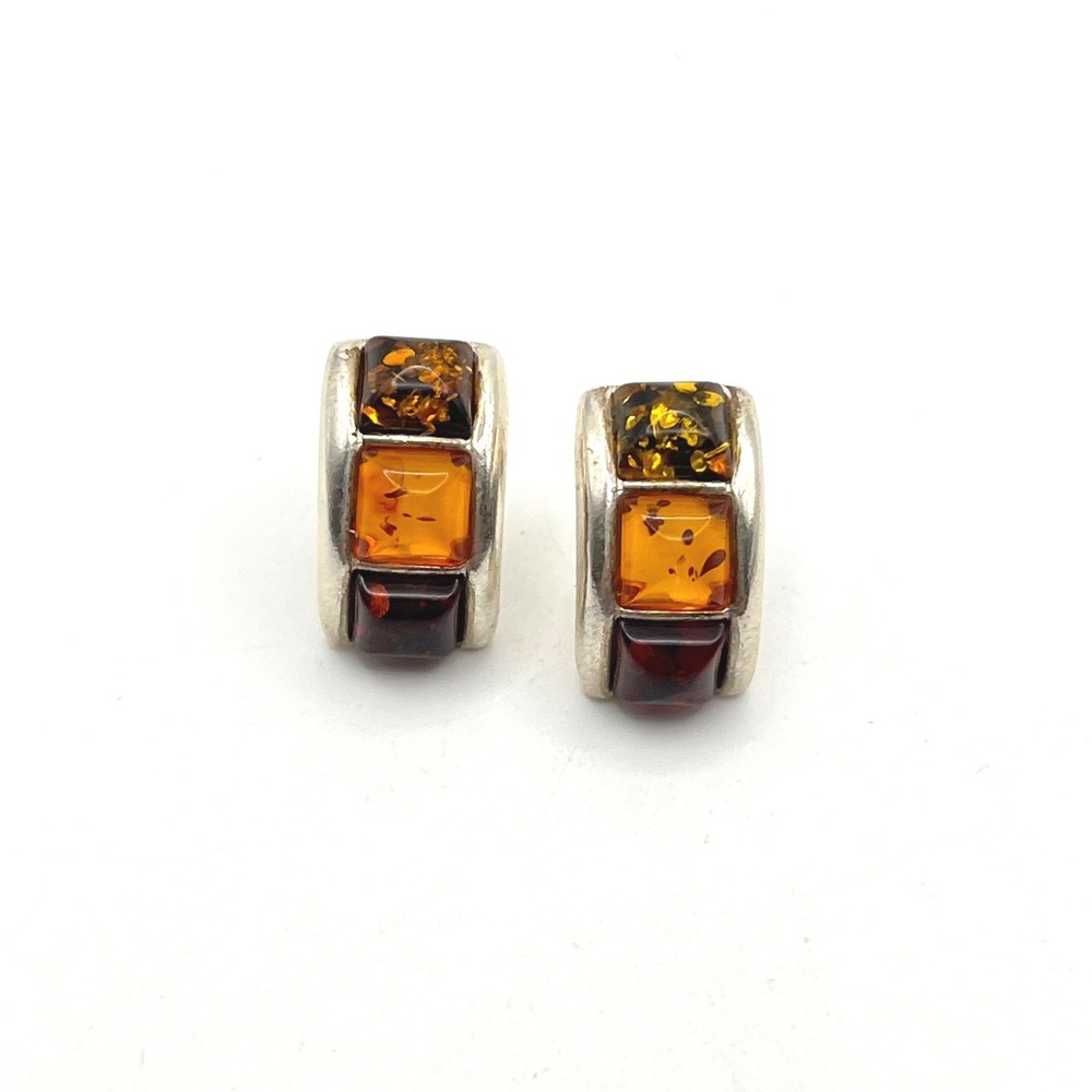 Sterling Silver Baltic Amber J-Hoop Post Earrings Made in Poland Multi Color